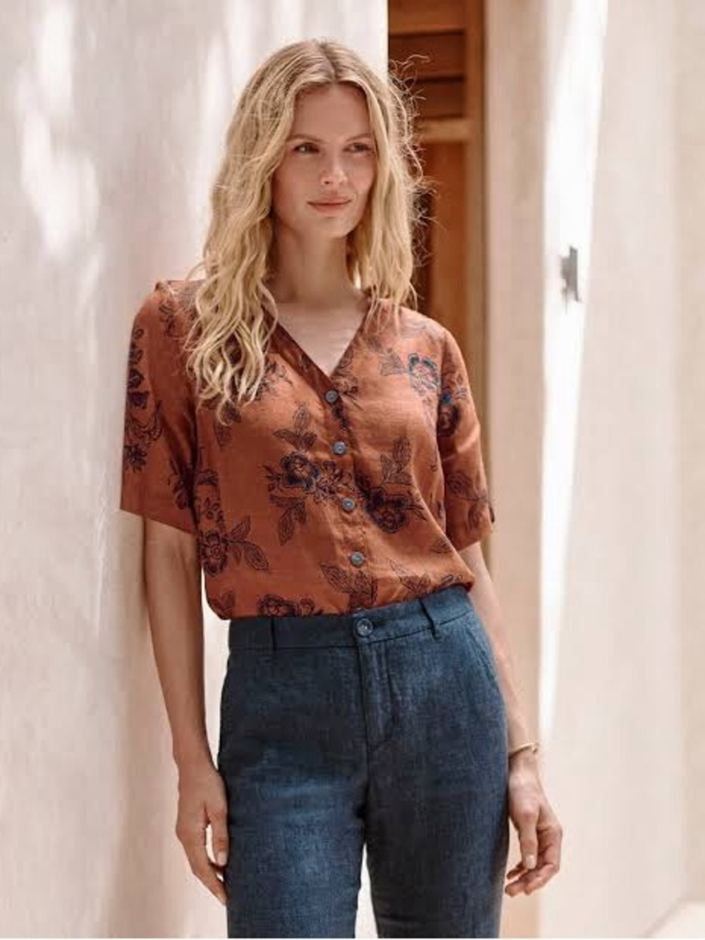 Garnet Hill Gabby Button Front Linen Top Burnt Orange Floral Size S